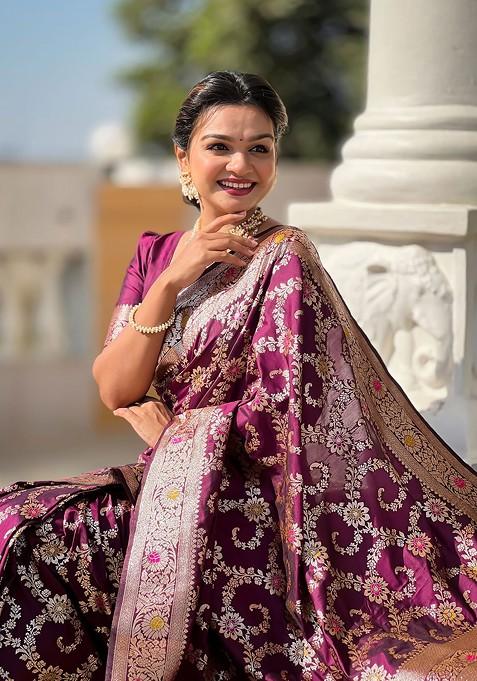 Purple Embroidered Blended Saree Set