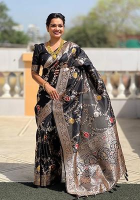 Black Printed Blended Saree Set
