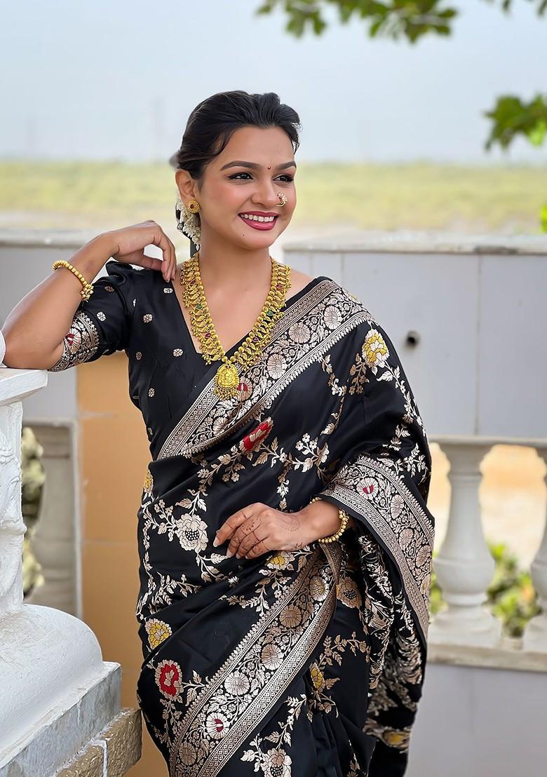 Black Printed Blended Saree Set - Indya