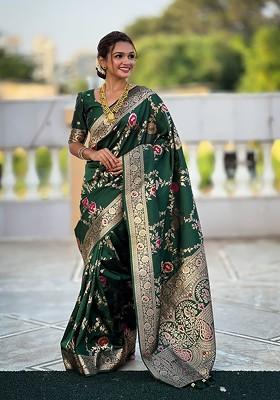 Green Jacquard Blended Saree Set