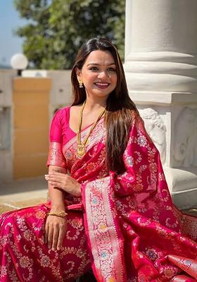 Pink Printed Blended Saree Set