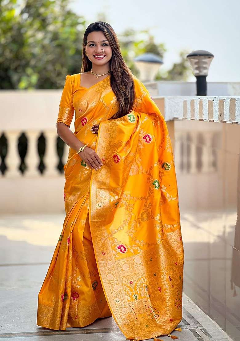 Yellow Jacquard Blended Saree Set - Indya