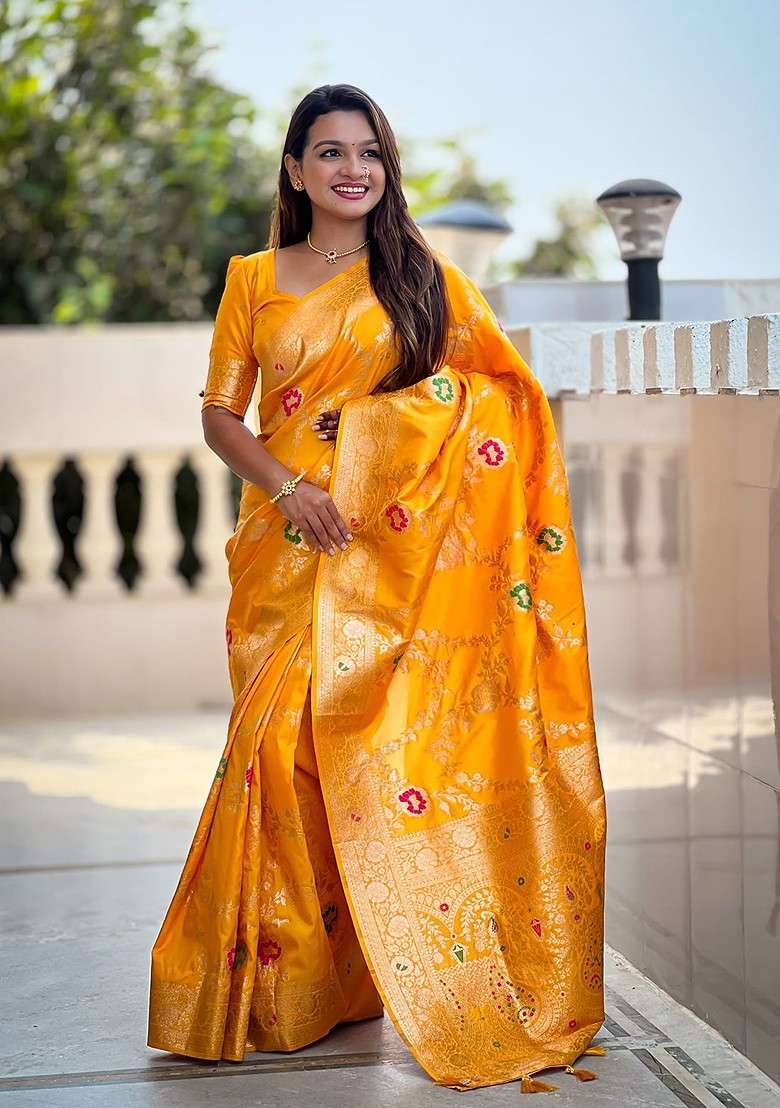 Yellow Jacquard Blended Saree Set - Indya