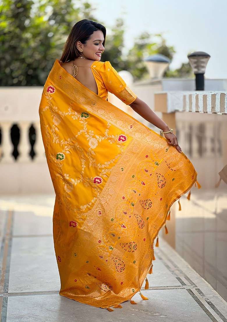 Yellow Jacquard Blended Saree Set - Indya