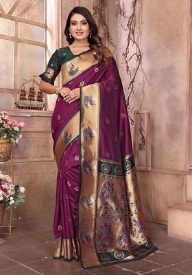 Burgundy Embroidered Blended Saree Set