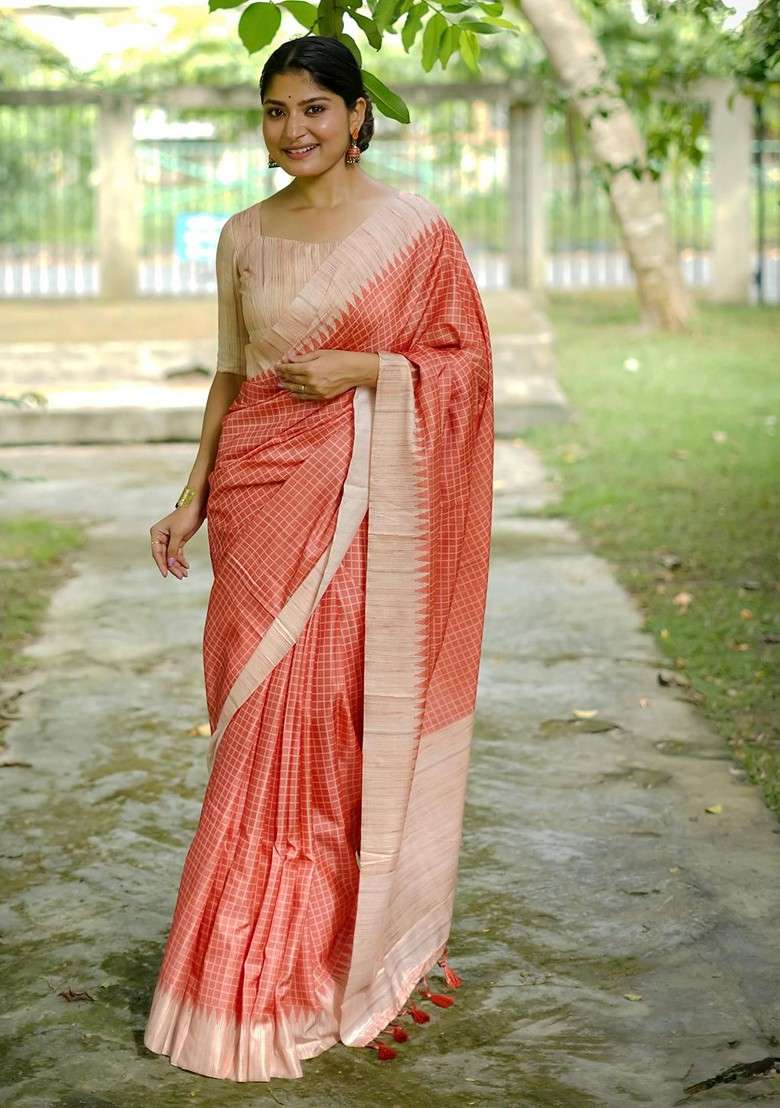 Peach Printed Blended Saree Set - Indya