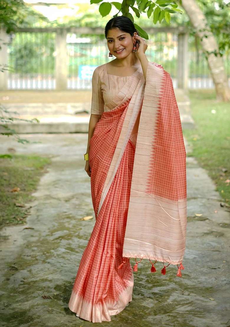 Peach Printed Blended Saree Set - Indya