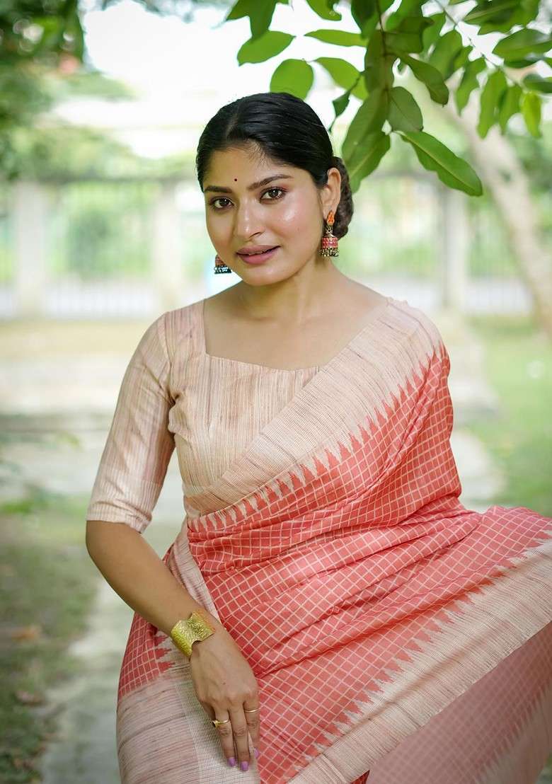 Peach Printed Blended Saree Set - Indya