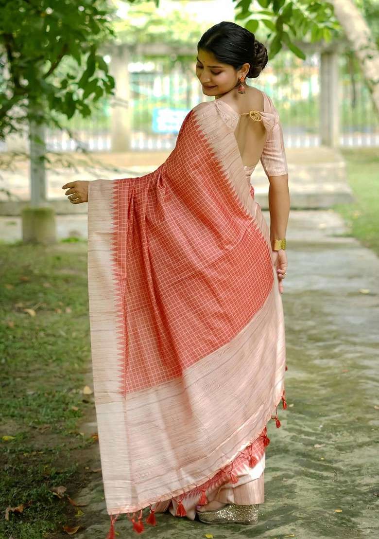 Peach Printed Blended Saree Set - Indya