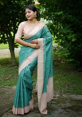 Teal Printed Blended Saree Set