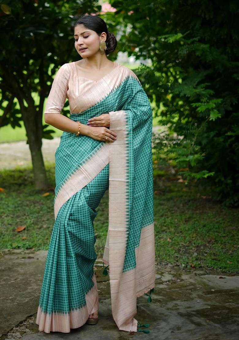 Teal Printed Blended Saree Set for Diwali and Festive Wear - Indya