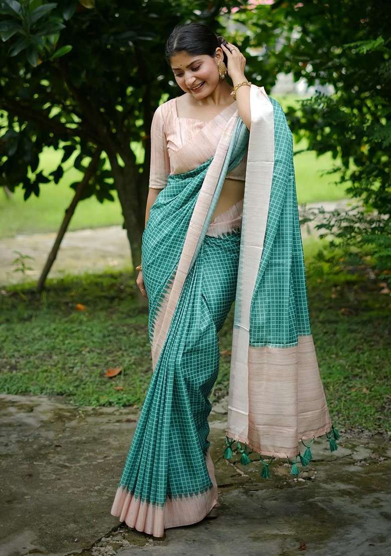 Teal Printed Blended Saree Set for Diwali and Festive Wear - Indya