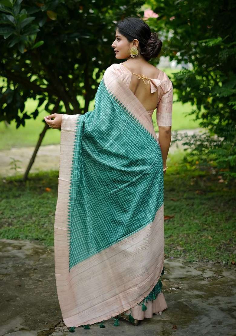 Teal Printed Blended Saree Set for Diwali and Festive Wear - Indya