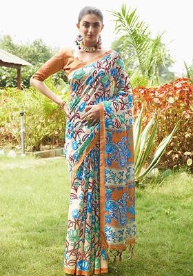 Mustard Embroidered Blended Saree Set