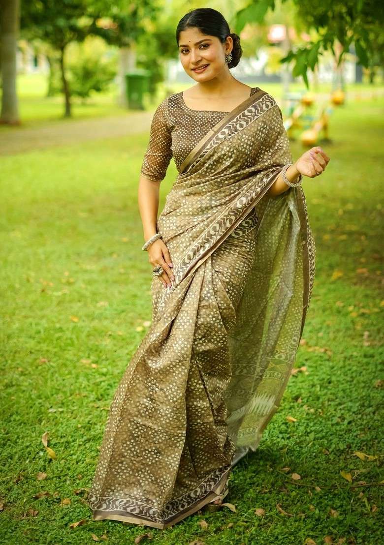 Olive Printed Blended Saree Set for Diwali and Festive Wear - Indya