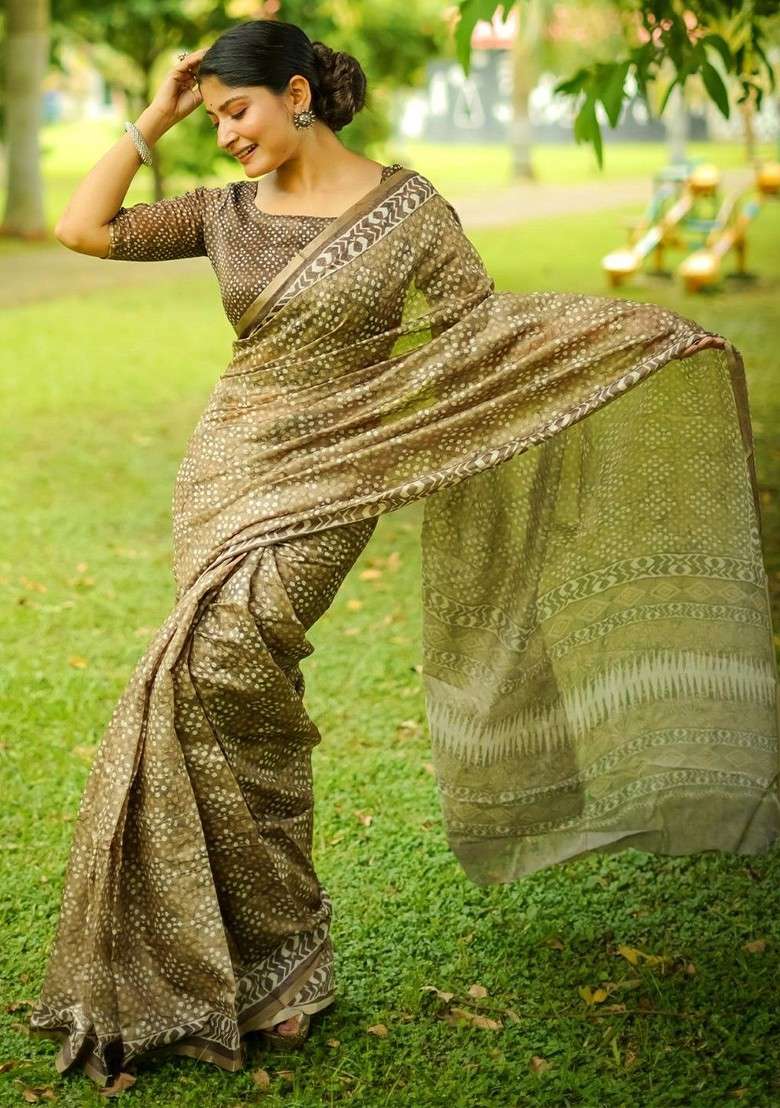 Olive Printed Blended Saree Set for Diwali and Festive Wear - Indya