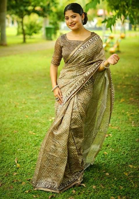 Olive Printed Blended Saree Set for Diwali and Festive Wear