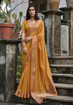Mustard Embroidered Blended Saree Set