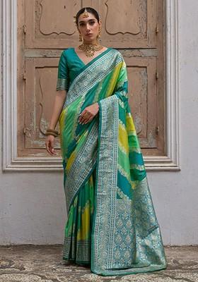 Teal Printed Blended Saree Set