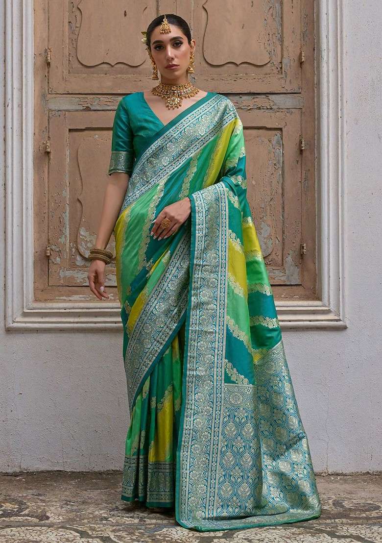 Teal Blended Saree Set with Printed for Diwali | Wedding & Festive Wear - Indya