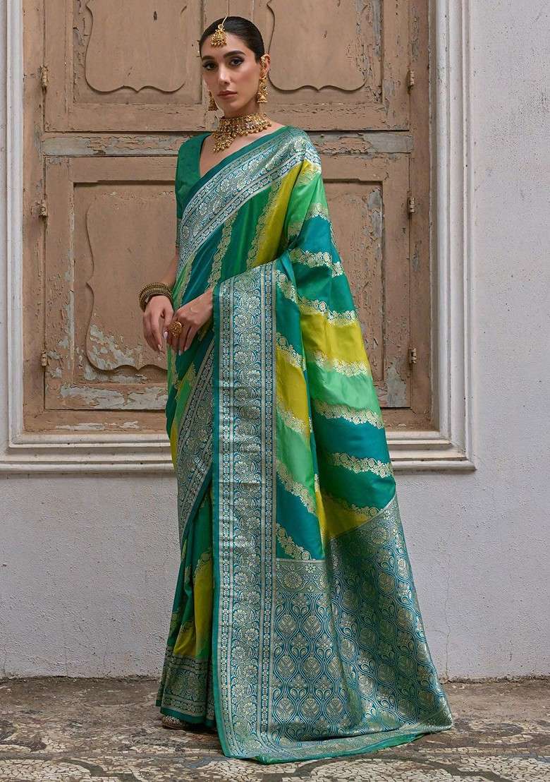 Teal Blended Saree Set with Printed for Diwali | Wedding & Festive Wear - Indya