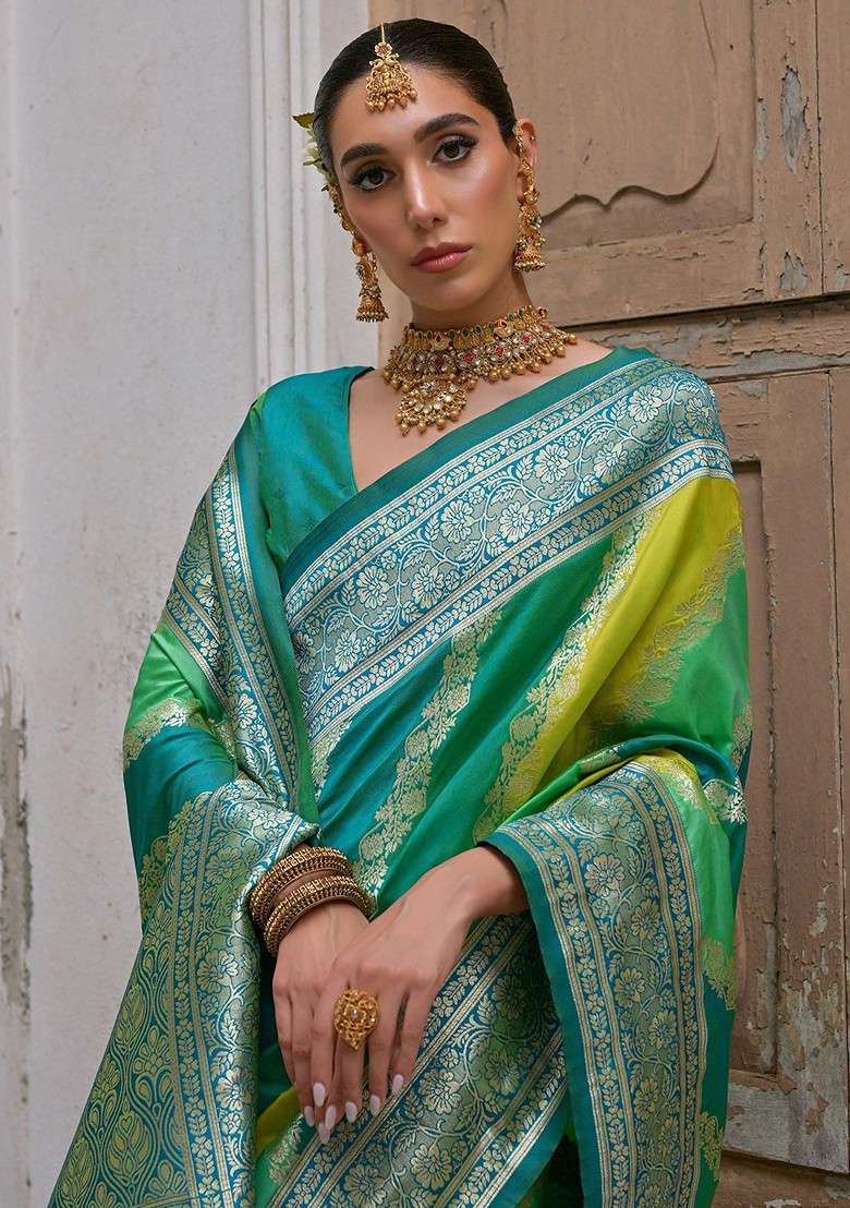 Teal Blended Saree Set with Printed for Diwali | Wedding & Festive Wear - Indya