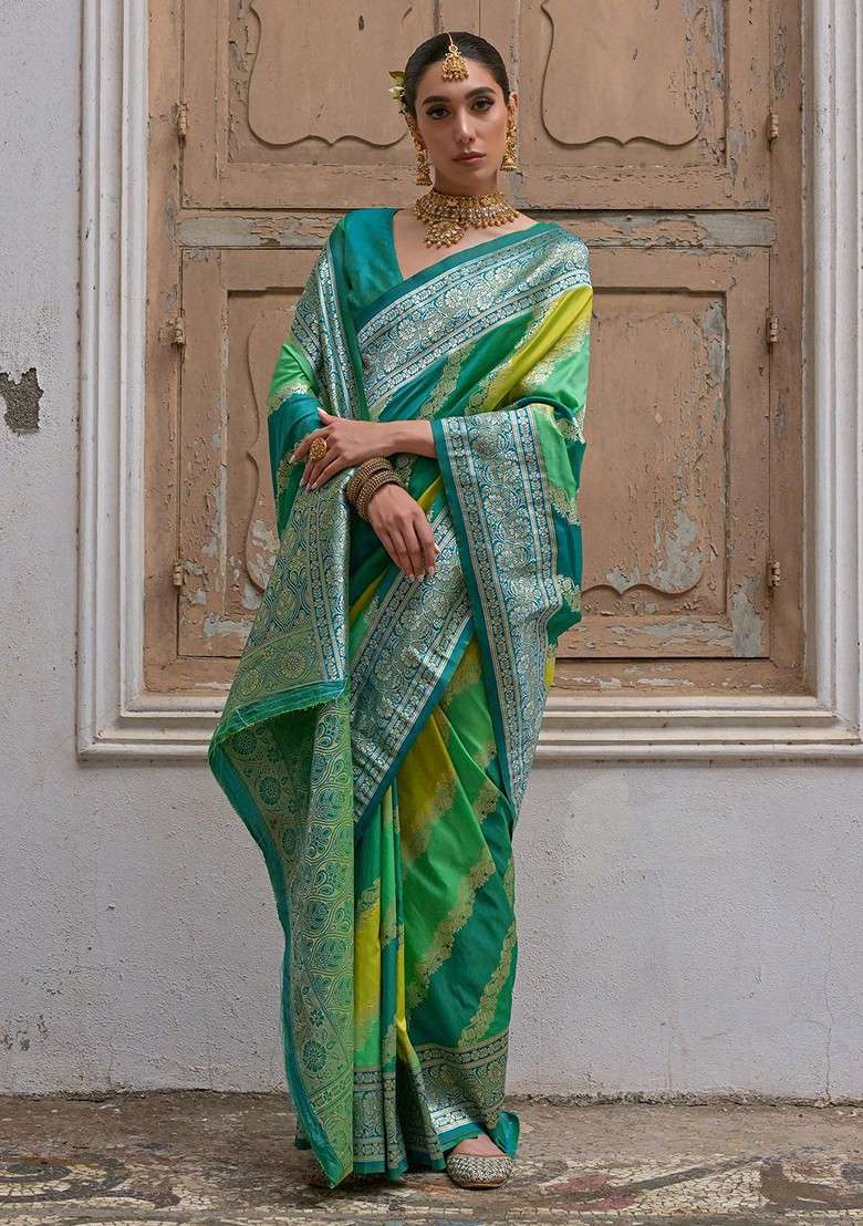 Teal Blended Saree Set with Printed for Diwali | Wedding & Festive Wear - Indya