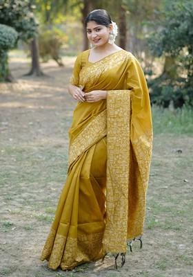 Mustard Embroidered Blended Saree Set