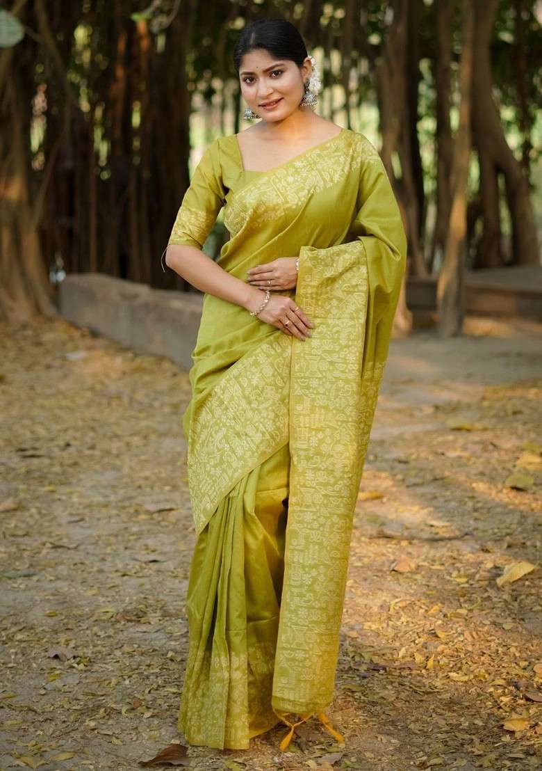 Olive Embroidered Blended Saree Set for Diwali and Festive Wear - Indya