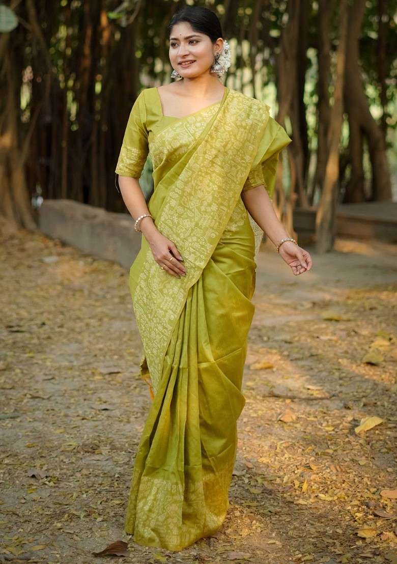 Olive Embroidered Blended Saree Set for Diwali and Festive Wear - Indya