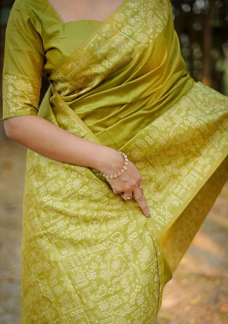 Olive Embroidered Blended Saree Set for Diwali and Festive Wear - Indya
