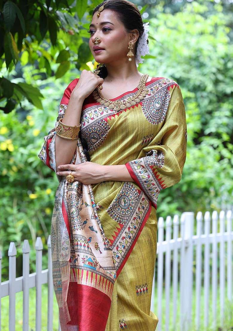 Olive Embroidered Blended Saree Set for Diwali and Festive Wear - Indya