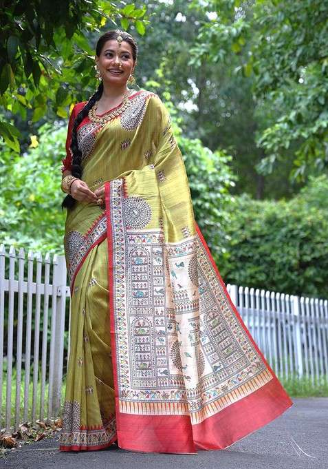 Olive Embroidered Blended Saree Set for Diwali and Festive Wear