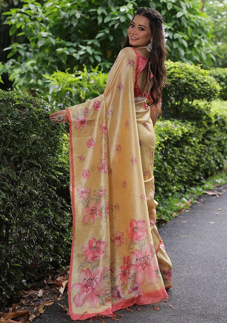 Cream Printed Blended Saree Set for Diwali and Festive Wear - Indya