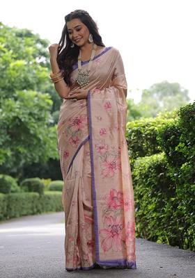 Peach Printed Blended Saree Set
