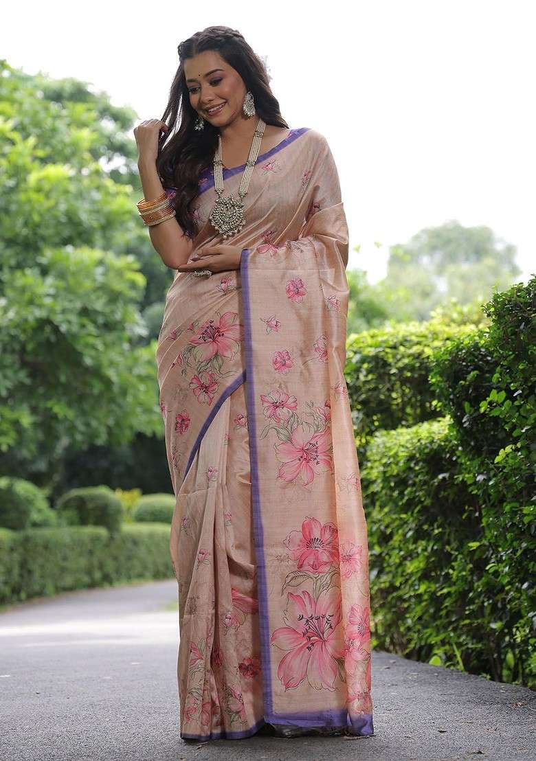 Peach Blended Saree Set with Printed for Diwali | Wedding & Festive Wear - Indya