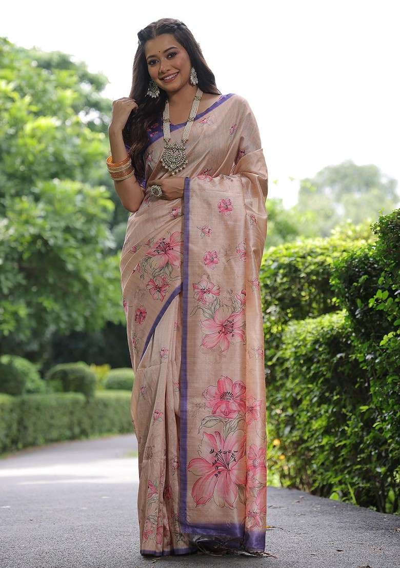 Peach Blended Saree Set with Printed for Diwali | Wedding & Festive Wear - Indya