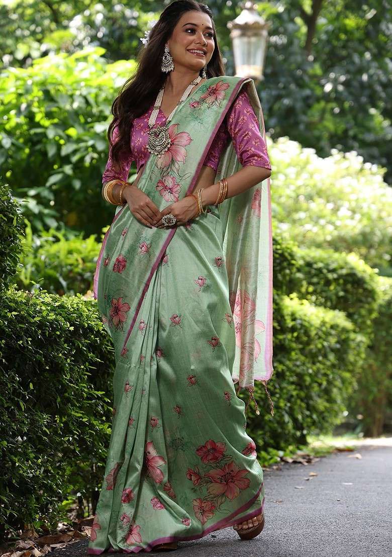 Sea Green Printed Blended Saree Set for Diwali and Festive Wear - Indya