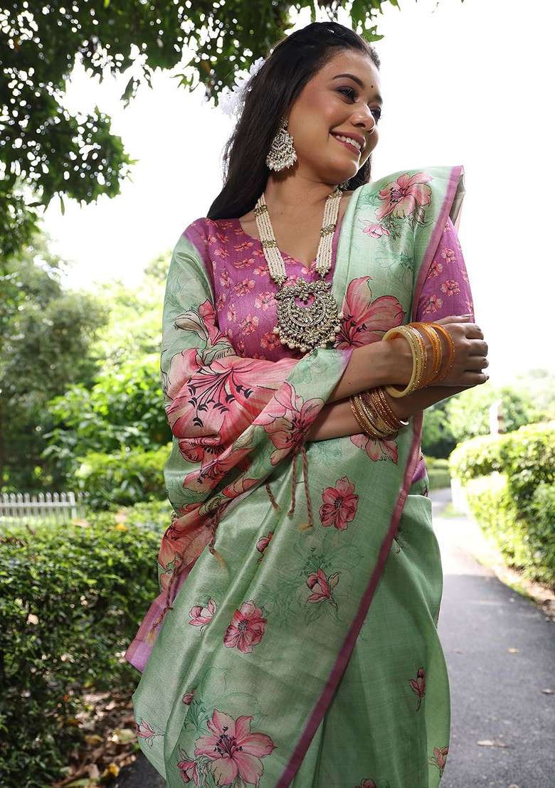 Sea Green Printed Blended Saree Set for Diwali and Festive Wear - Indya