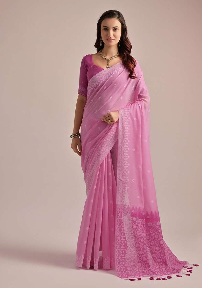 Pink Embroidered Blended Saree Set - Indya