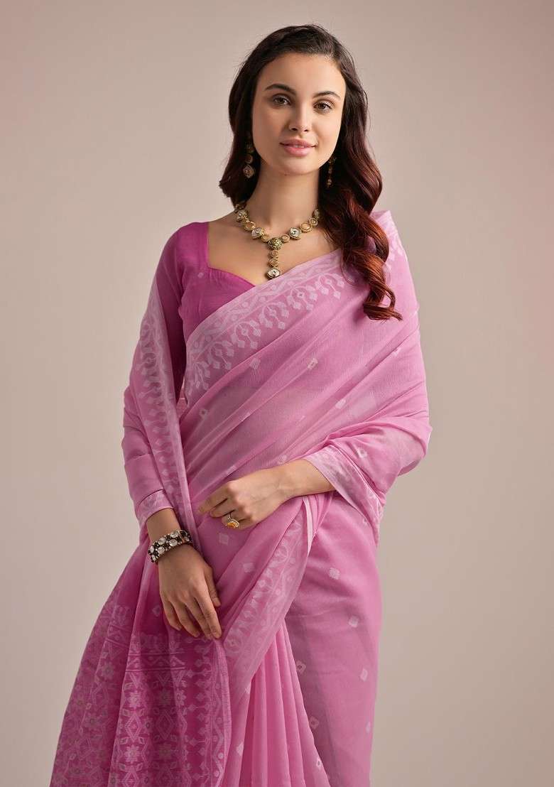 Pink Embroidered Blended Saree Set - Indya