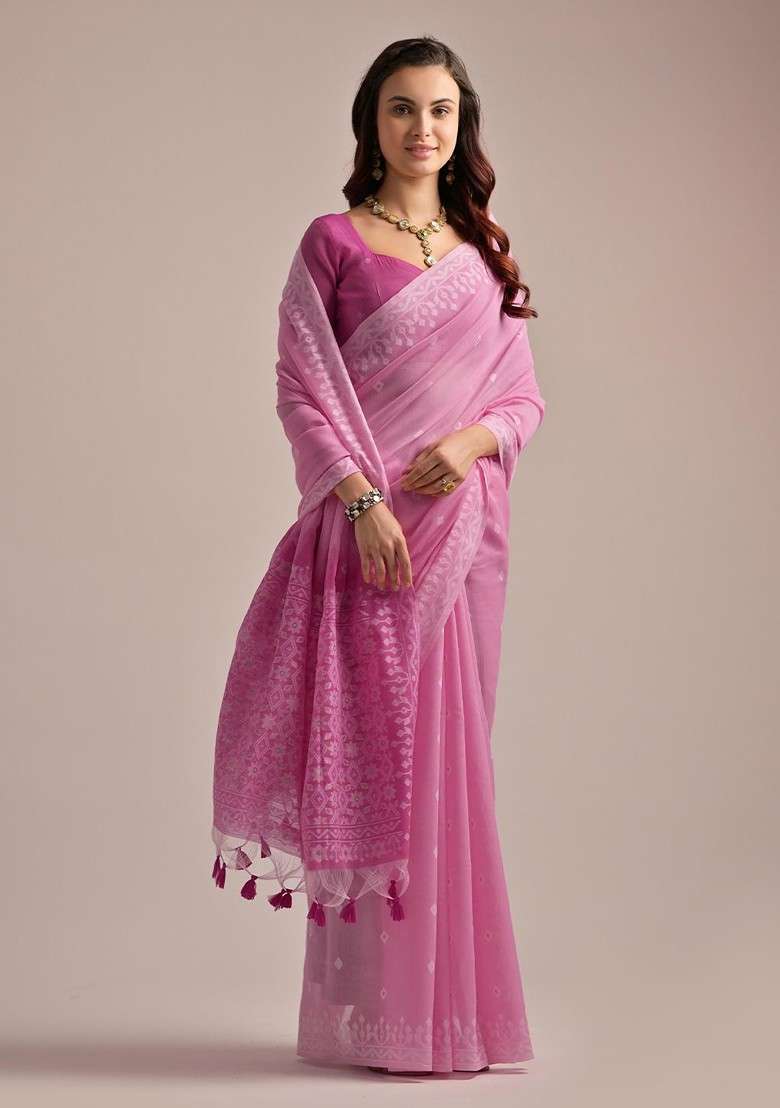 Pink Embroidered Blended Saree Set - Indya