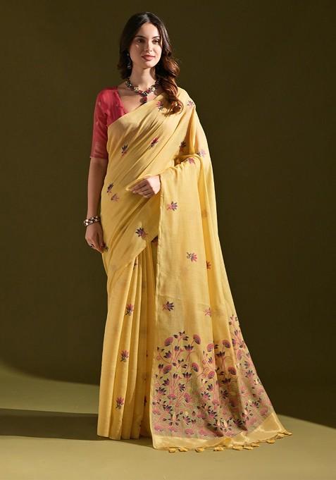 Yellow Printed Blended Saree Set