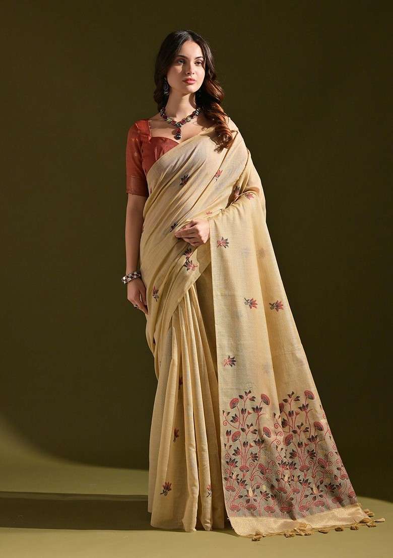 Beige Blended Saree Set with Printed for Diwali | Wedding & Festive Wear - Indya