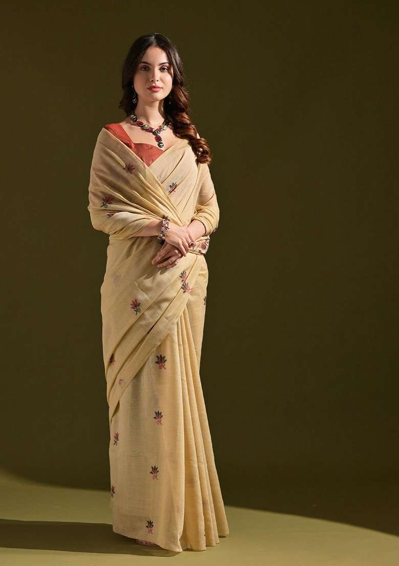 Beige Blended Saree Set with Printed for Diwali | Wedding & Festive Wear - Indya