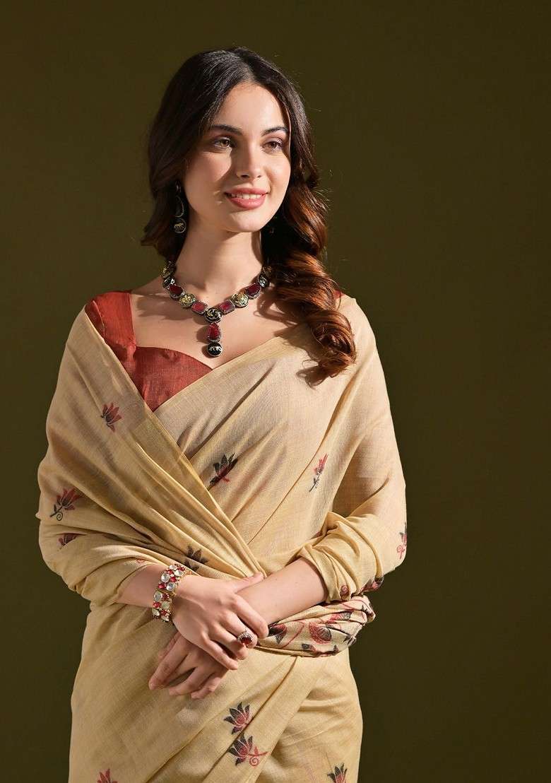Beige Blended Saree Set with Printed for Diwali | Wedding & Festive Wear - Indya