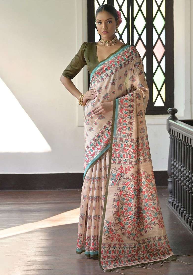 Olive Blended Saree Set with Embroidered for Diwali | Wedding & Festive Wear - Indya