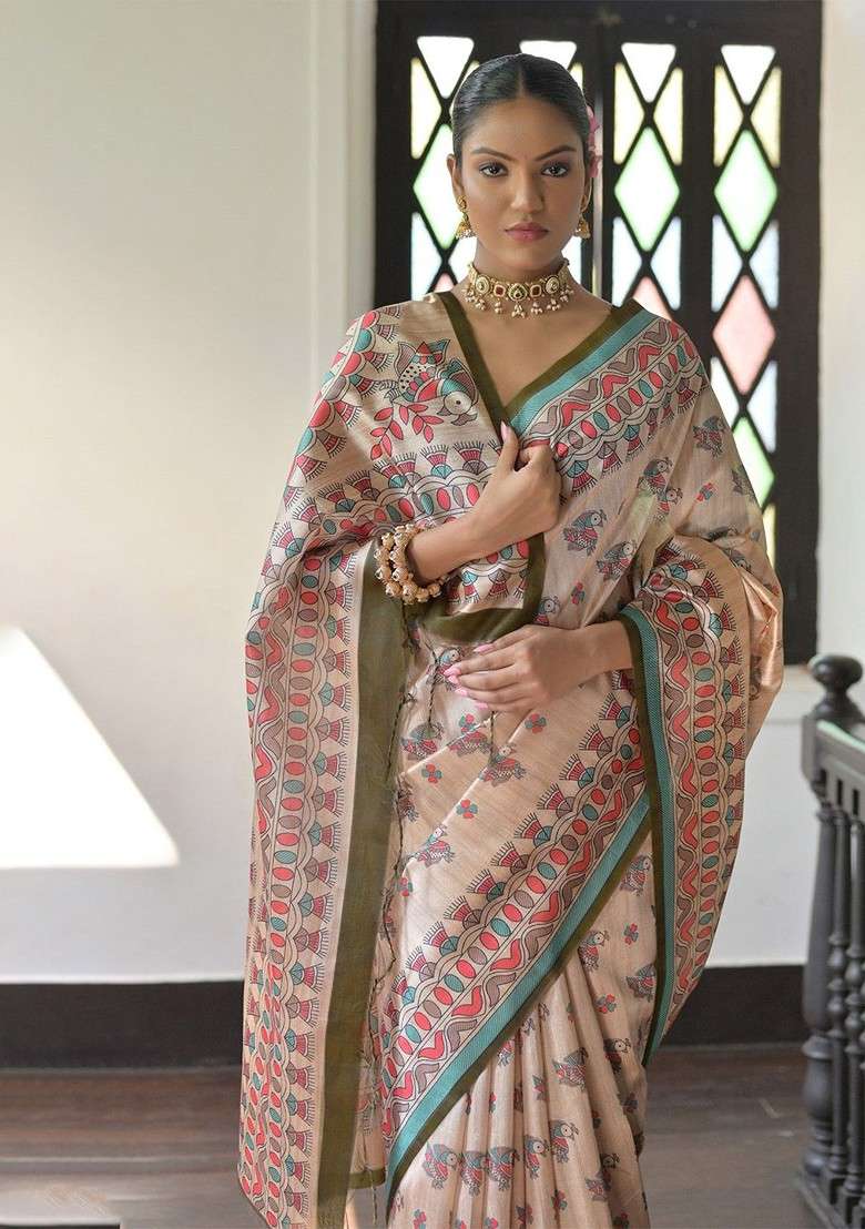 Olive Blended Saree Set with Embroidered for Diwali | Wedding & Festive Wear - Indya