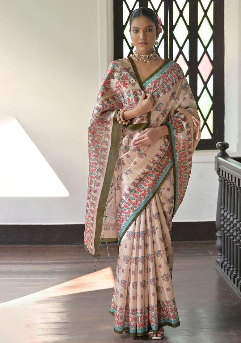 Olive Blended Saree Set with Embroidered for Diwali | Wedding & Festive Wear - Indya