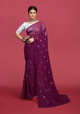 Magenta Embroidered Blended Saree Set